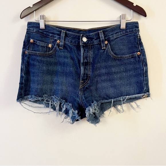 Levi’s 501 Cut Off Jean Shorts High Rise Raw Hem Size 28 Dark Blue Wash - Picture 1 of 8
